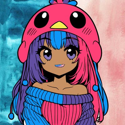 anime girl with chick shaped hat with sweater with bare shoulders with bangs covering them one eye with low tail