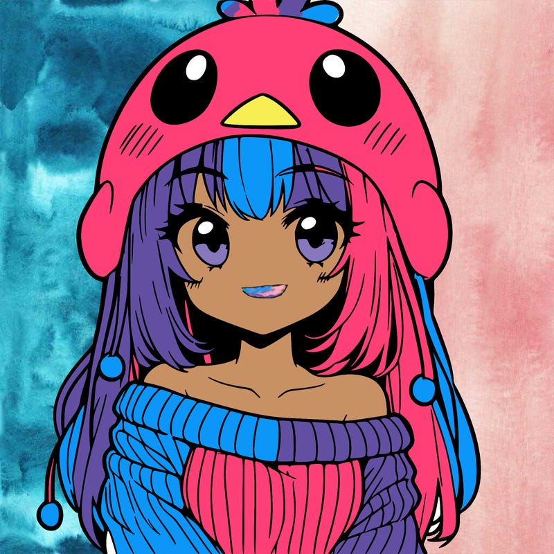 anime girl with chick shaped hat with sweater with bare shoulders with bangs covering them one eye with low tail