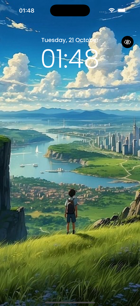 Anime Live Wallpaper 4K! - Anime lock screen wallpaper of a character viewing a scenic coastal city and mountains