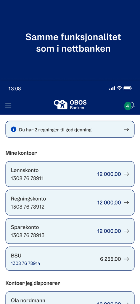 Panel de OBOS Mobilbank mostrando saldos de cuenta y facturas pendientes