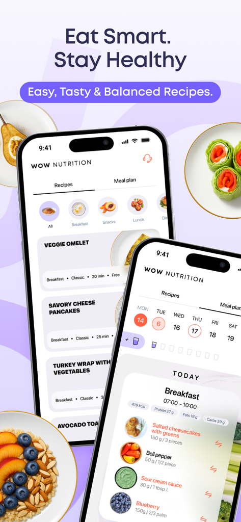 WOWBODY: Home Workout Women - WOWBODY app nutrition interface showing healthy recipes meal planning and calorie tracking for women