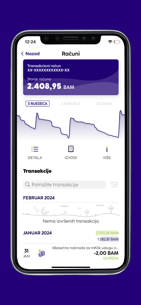 Interface of the NLB mKlik novi mobile banking app showing account balance in BAM, a spending graph, and transaction history.
