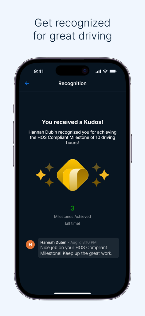 Samsara Driver app screen displaying a recognition badge and kudos message for achieving driving milestones.