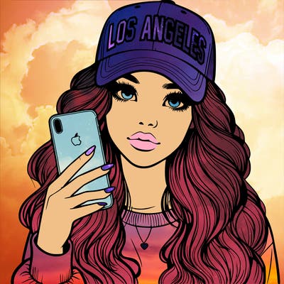 realistic beautiful girl wearing los ángeles cap holding an iphone