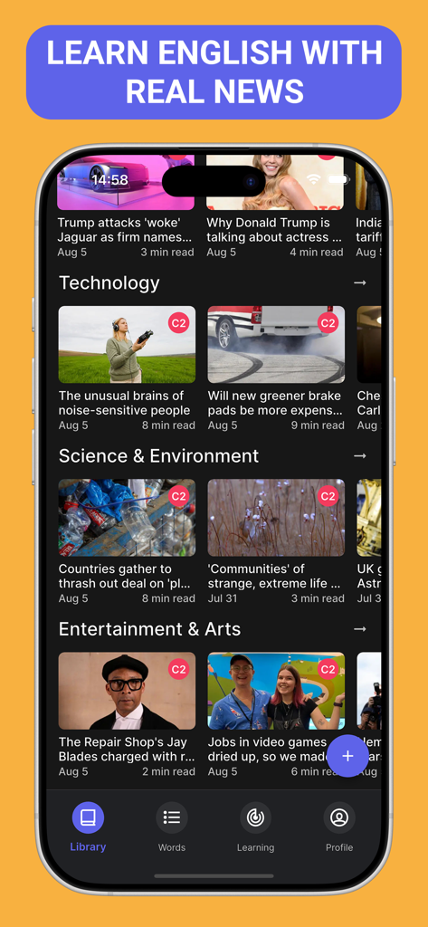Bookvo: English Learning - Bookvo app interface displaying English news articles for advanced C2 level learners.