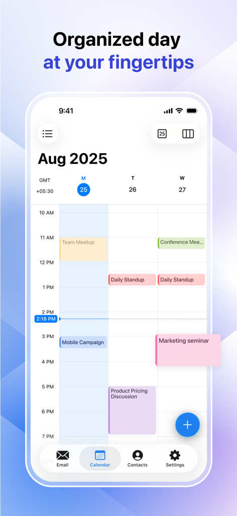 Integrated business calendar view in Zoho Mail showing a weekly schedule with meetings and task blocks.