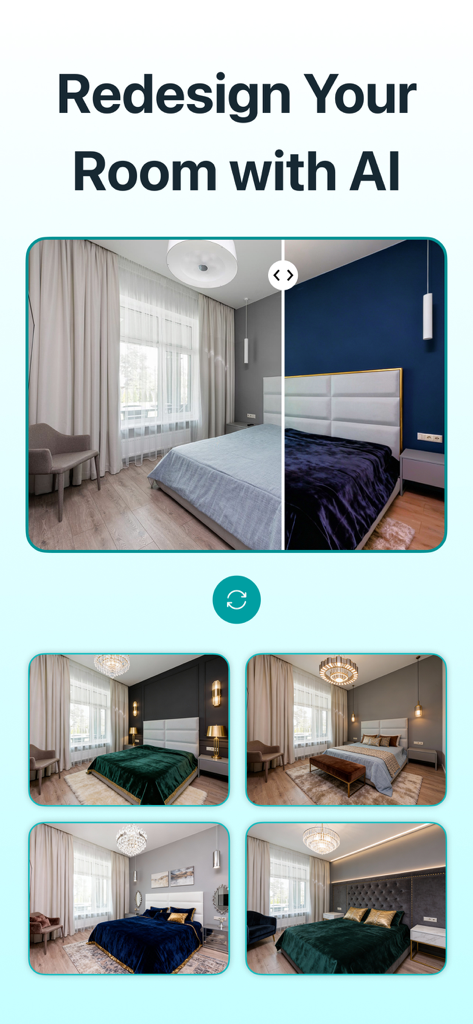 AI Home & Room Interior Design - KI-Innenarchitektur-App-Oberfläche zeigt eine Vorher-Nachher-Schlafzimmer-Neugestaltung mit mehreren Stiloptionen