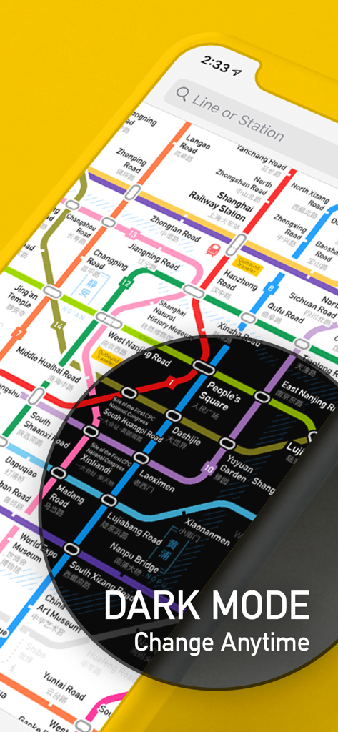 MetroMan China app showing dark mode toggle on a metro map with English station names