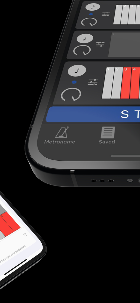 Metronomics Metronome - Close up of the Metronomics Metronome app grid sequencer interface showing rhythmic patterns.