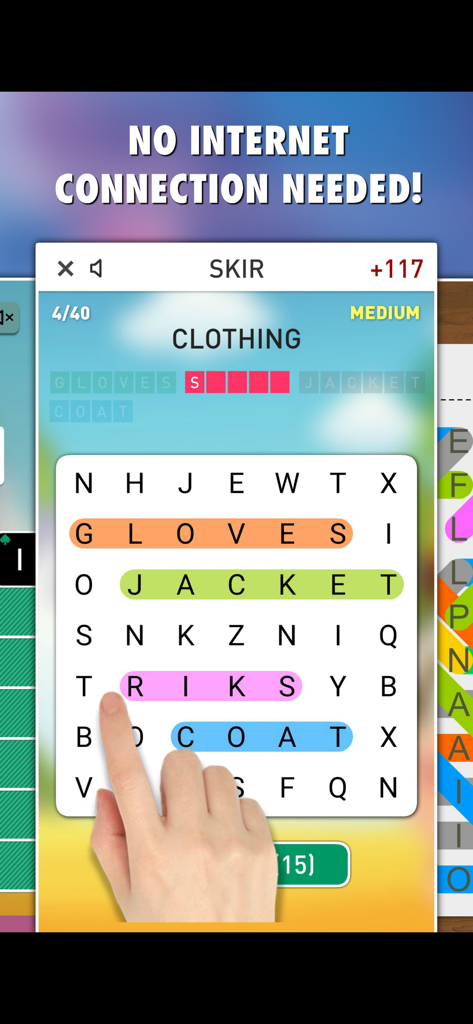 Word Games 101-in-1 - Una persona jugando un puzzle de sopa de letras en un teléfono móvil con palabras de la categoría de ropa resaltadas
