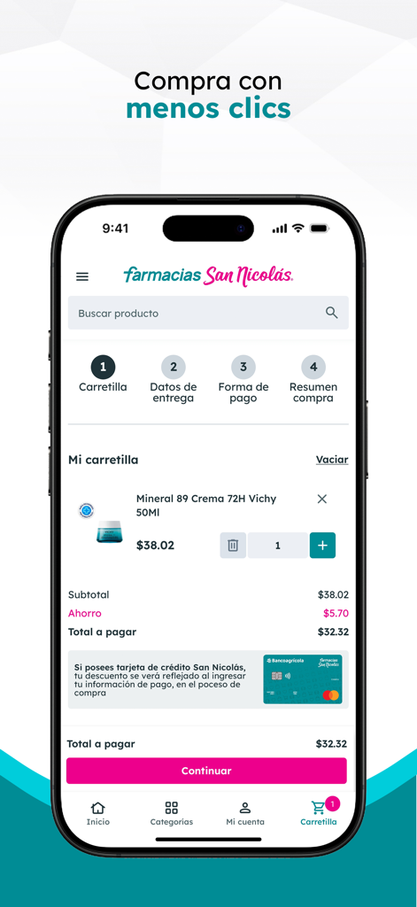 Einkaufswagen-Bildschirm der Farmacias San Nicolas Mobile App mit einem Produkt und Gesamtpreis