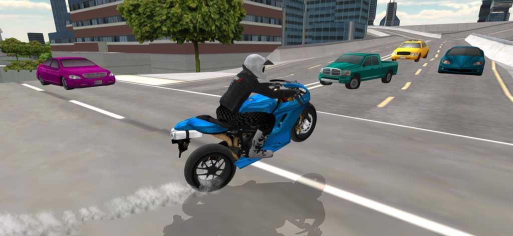 Motorbike Racing Bike Driving - Una moto azul realizando un caballito en una calle de la ciudad con tráfico circundante.