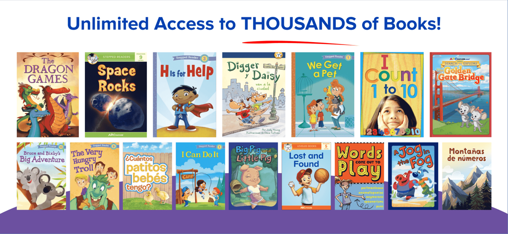 A display of various colorful children's book covers available in the ReadingIQ digital library.