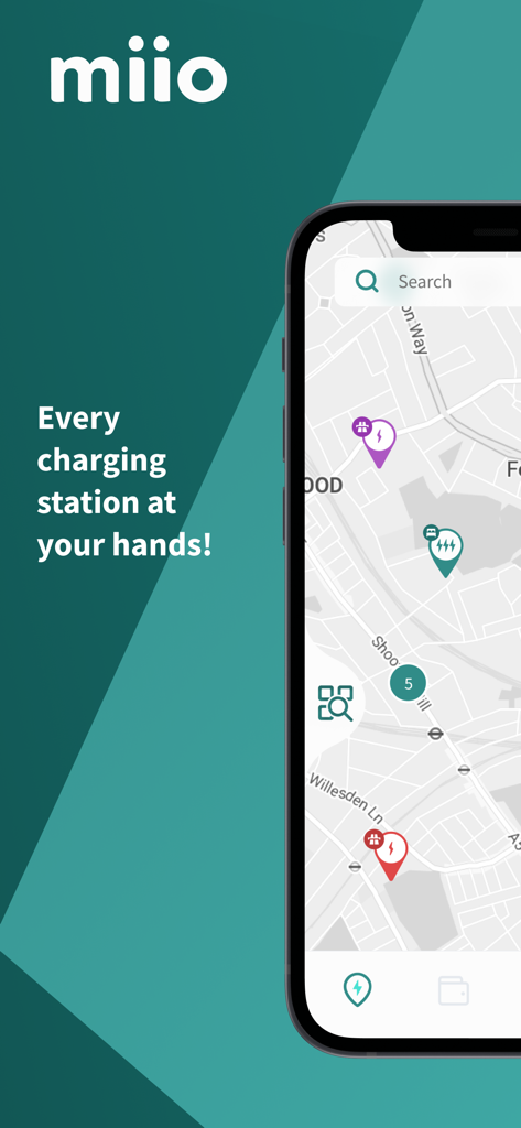 miio - miio アプリのインターフェースと電気自動車充電ステーションの場所のマップを表示する iPhone