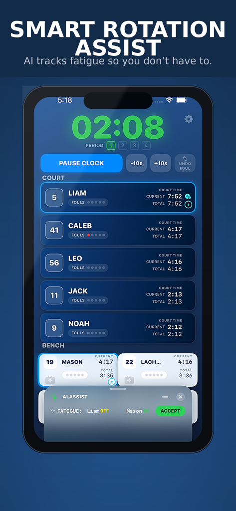Court Time - Court Time mobile app showing a basketball game clock with AI rotation and substitution suggestions.