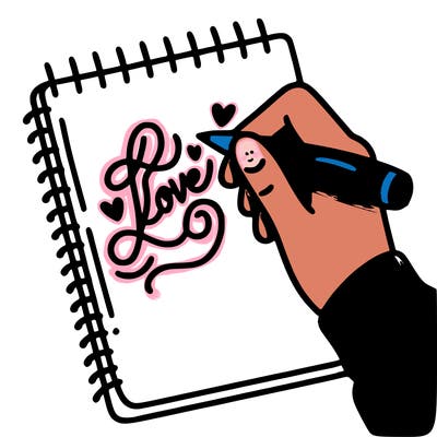 a hand writing “love” in calligraphy on a notebook