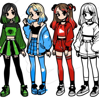 one girl with crop-top shirt and a jacket with a skirt, long socks and another girl with a shirt and pants with a jacket