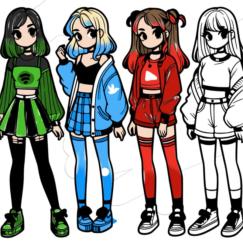 one girl with crop-top shirt and a jacket with a skirt, long socks and another girl with a shirt and pants with a jacket