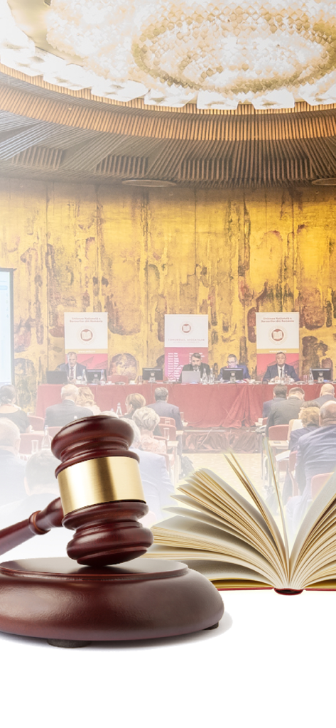 UNBR Info - Judge gavel and open law book with a Romanian Bar Association conference background