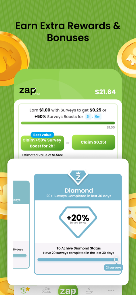 Zap Surveys - Earn Easy Money - Zap Surveys app screen displaying reward bonuses and diamond loyalty status