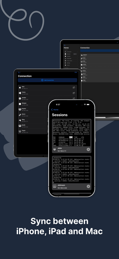 Terminux: SSH Client - Terminux SSH client interface displayed on iPhone, iPad, and Mac showing device synchronization.