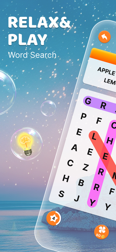 Word Search!-Word Puzzle Game - A mobile word search puzzle game interface featuring a Relax and Play headline and a tranquil starry background with bubbles