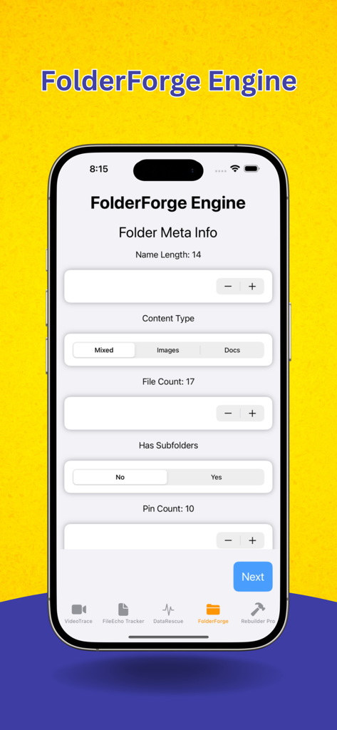 FolderForge Engine module interface in the Recovery Video and File app showing metadata settings