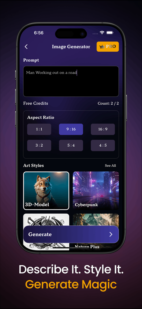 AI Image,Photo & Art Generator - AIアートジェネレーターアプリインターフェイス。画像作成のためのテキストプロンプト入力とスタイル選択を表示