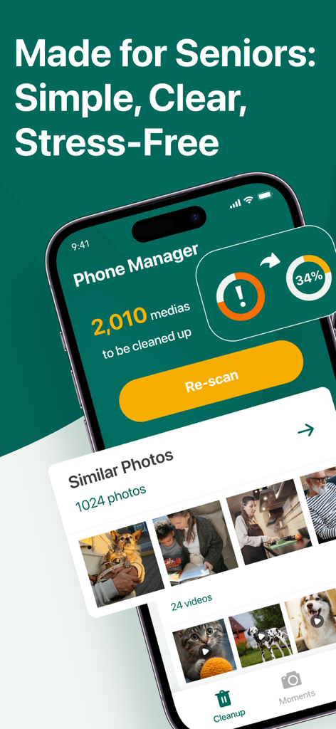 Phone Manager: Senior Care - Interface of Phone Manager Senior Care app showing a simplified photo cleanup tool with large text for elderly users