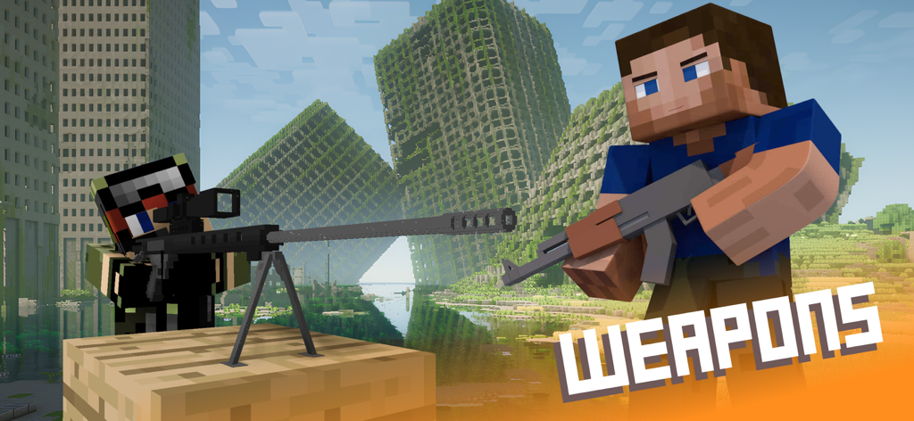 Addons for Minecraft PE ㅤ - Personajes de Minecraft con rifles de francotirador y de asalto en un mapa de ciudad en ruinas