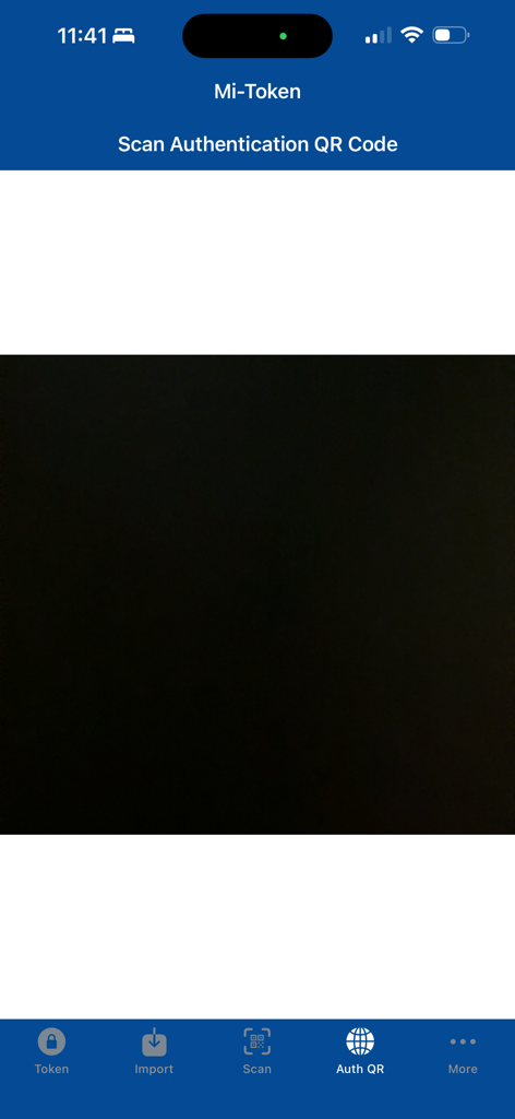 Interface of the Mi-Token Authenticator app displaying the Scan Authentication QR Code screen