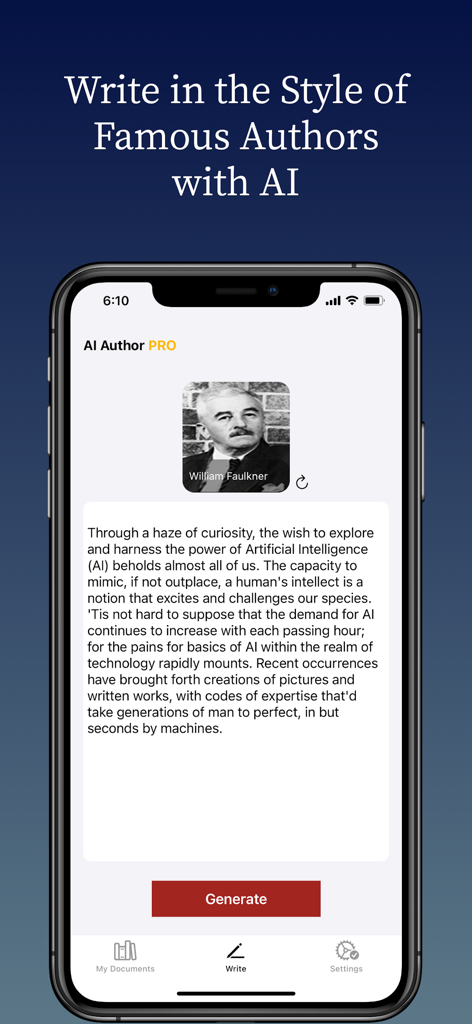 AI Author : Write like Writers - Tela de smartphone mostrando o aplicativo AI Author gerando texto no estilo de William Faulkner
