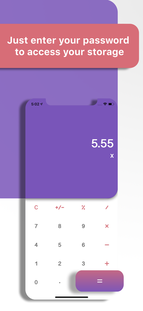 A smartphone displaying a calculator interface with a text banner explaining how to enter a password to access hidden storage.