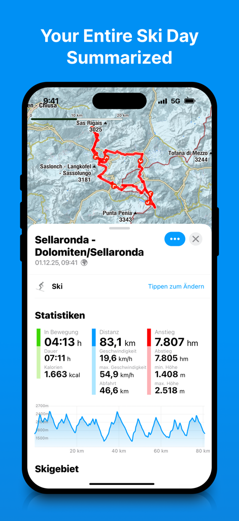 Bergfex App-Screenshot, der eine Zusammenfassung des Skitags mit GPS-Kartenspur und Leistungsstatistiken zeigt