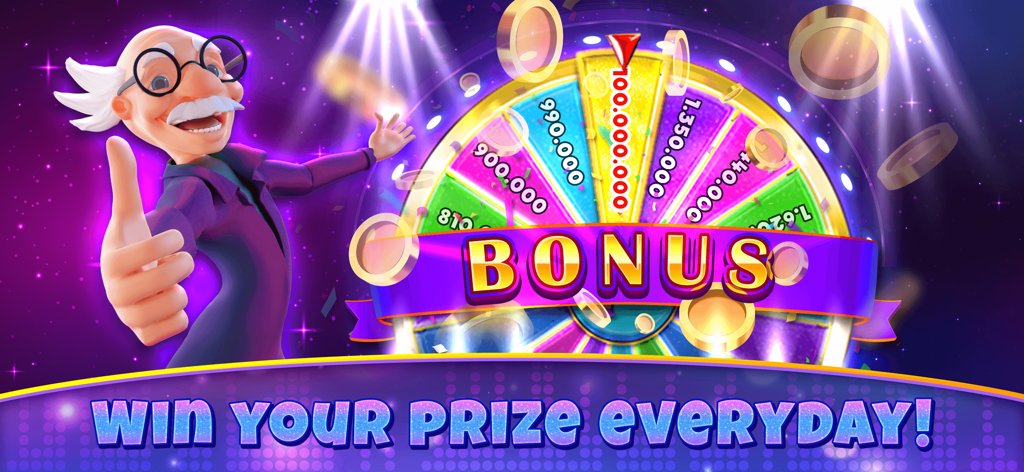 Dr. Bingo - VideoBingo + Slots - Dr Bingo mascot next to a spinning bonus wheel for daily prizes