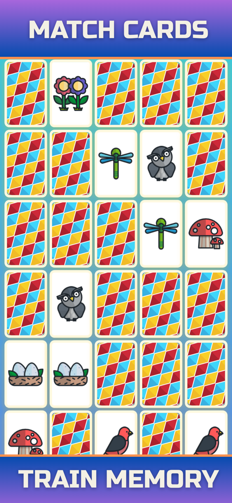 Memory Match Puzzle Trainer - Pantalla de juego de Memory Match Puzzle Trainer que muestra una cuadrícula de emparejamiento de tarjetas con íconos temáticos de la naturaleza