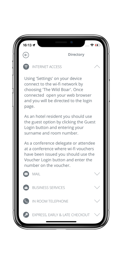 English Lakes Hotels - The English Lakes Hotels app directory screen showing internet access instructions and guest services like checkout and business services.