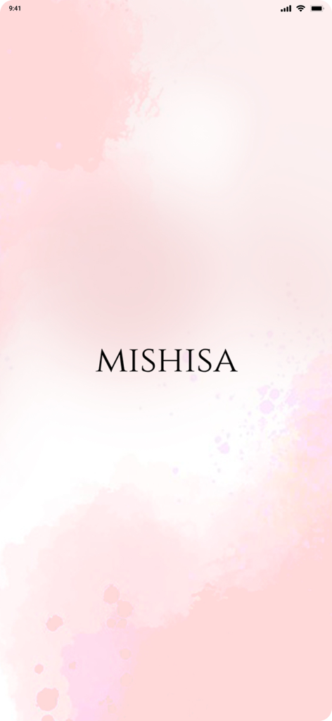 MISHISA app splash screen with elegant pink watercolor background
