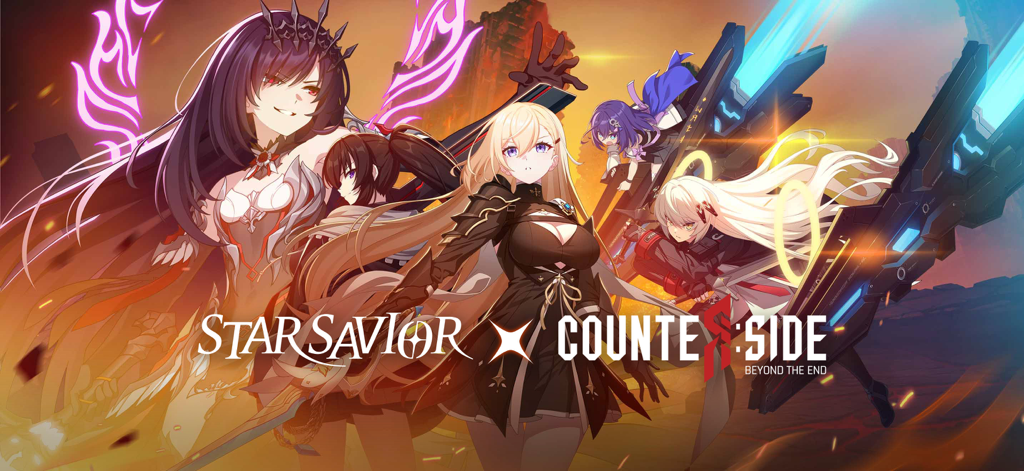 Arte promocional con varios personajes de anime de StarSavior y CounterSide en un evento de colaboración.