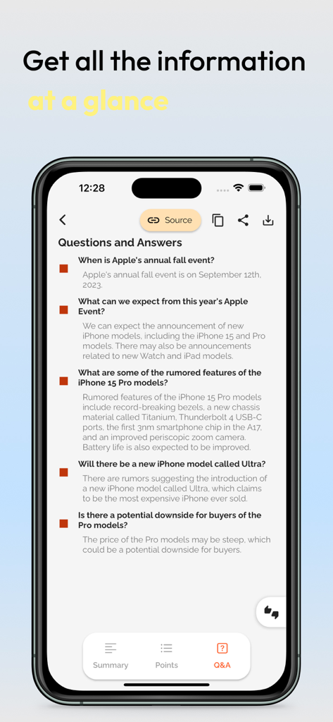 A screenshot of the TLDR app showing a list of AI generated questions and answers about an Apple event on an iPhone.