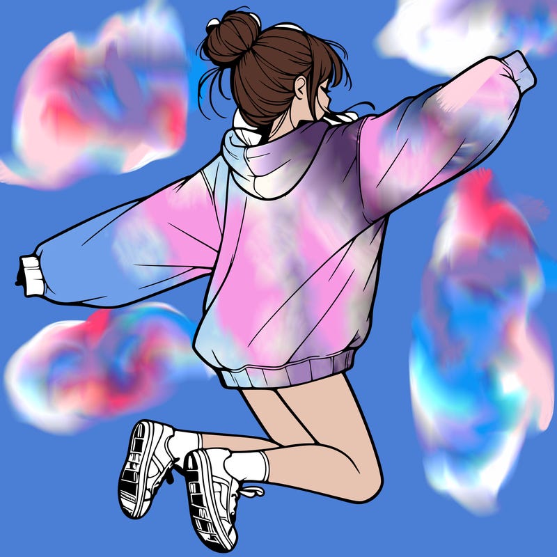 realistic girl jumping with a bun and oversized sweatshirt