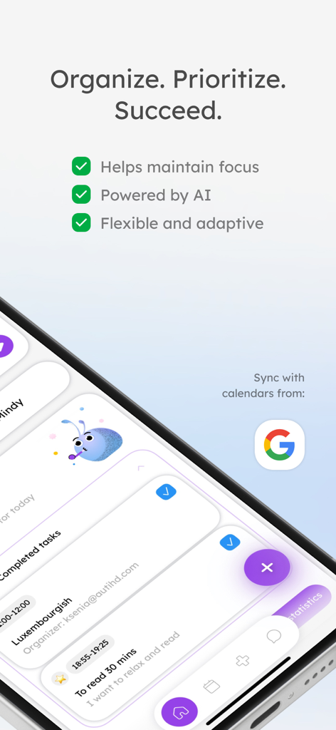 Mindory: AI Planner - Mindory AI planner app interface showing daily task organization and Google Calendar synchronization.