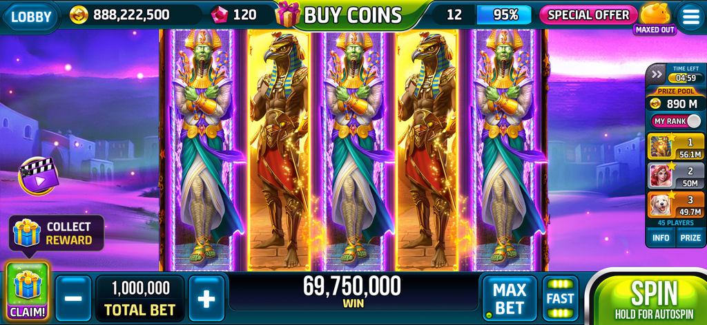 Lightning Slots ™ Cash Casino - Una captura de pantalla de Lightning Slots Cash Casino mostrando una máquina tragamonedas de temática egipcia con símbolos de faraones y una gran visualización de ganancias