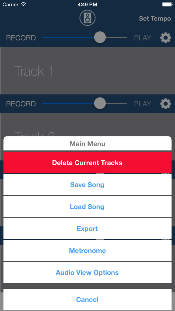 Multi Track Song Recorder Pro - Main menu of the Multi Track Song Recorder Pro app showing options to save load and export audio tracks