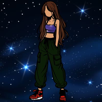 girl in baggy pants crop top and long hair