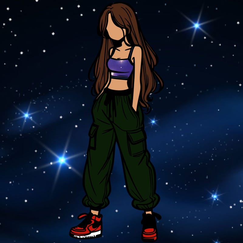 girl in baggy pants crop top and long hair