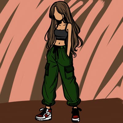 girl in baggy pants crop top and long hair