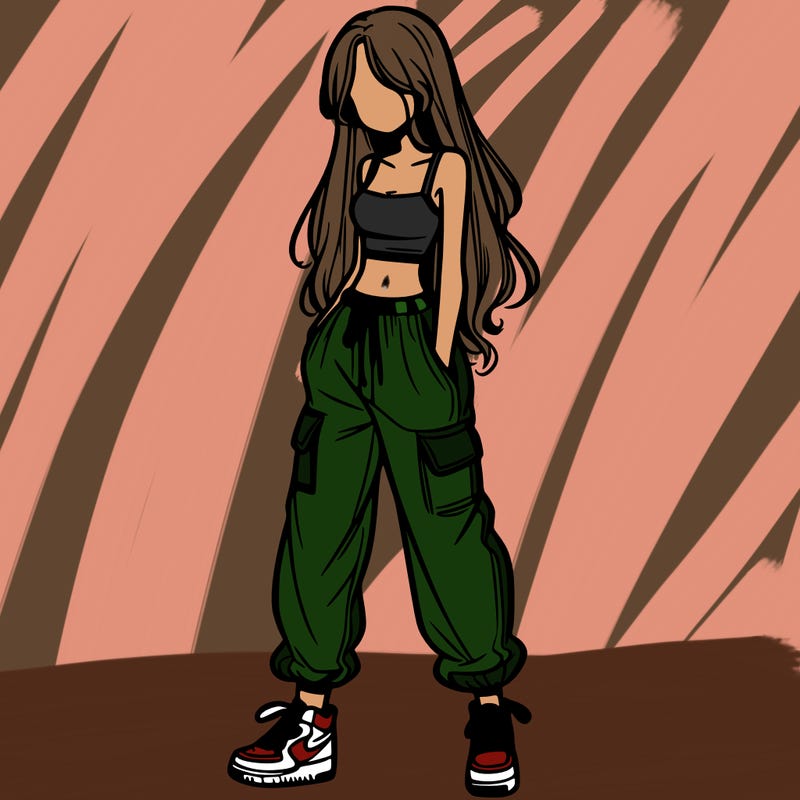 girl in baggy pants crop top and long hair