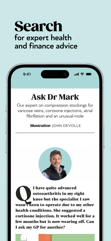 Pantalla de smartphone que muestra la sección de salud de la aplicación Saga Magazine con una columna de expertos Pregúntale al Dr. Mark para recibir asesoramiento médico