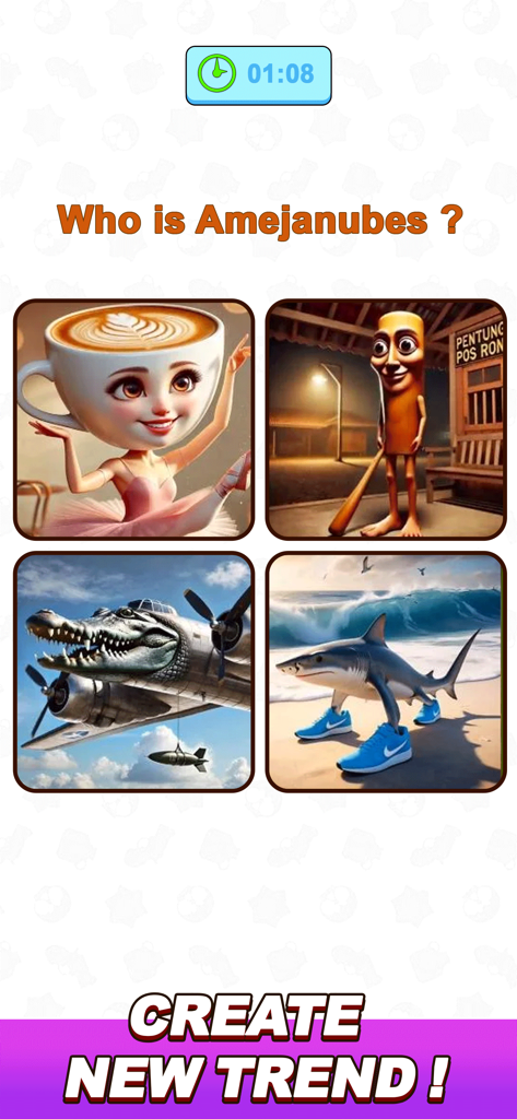 Tricky Mind Brainrot Challenge - A screenshot of a brainrot challenge game asking Who is Amejanubes with four surreal meme images including a cup head ballerina and a shark in sneakers